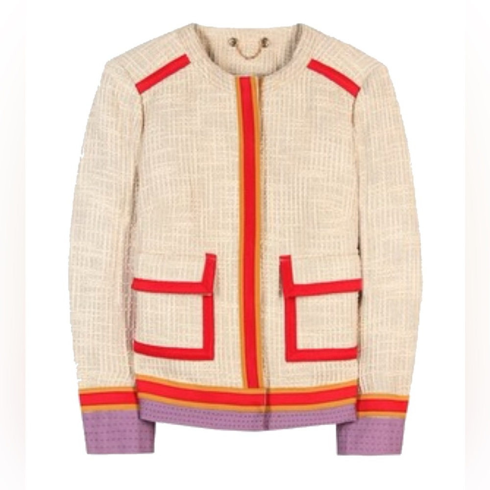 Tory Burch Cream Tweed Jacket with Red, Orange & Purple Trim